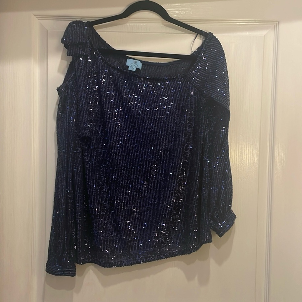 CeCe sequin long sleeve cold shoulder/bow top